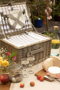 Grey Checked Wicker Picnic Basket with Cooler
