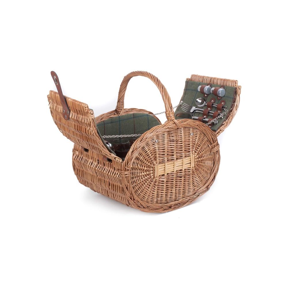 Oval 4 Person Green Tweed Wicker Picnic Basket