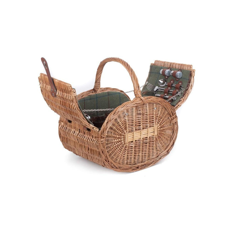 The Willow Basket Oval 4 Person Green Tweed Wicker Picnic Basket