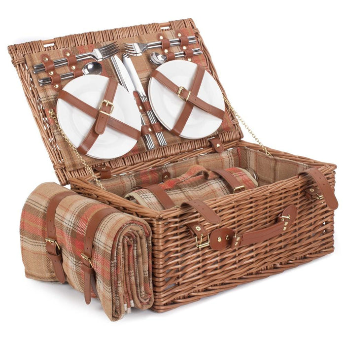 Autumn Red Tartan Fitted Wicker Picnic Basket with Cooler
