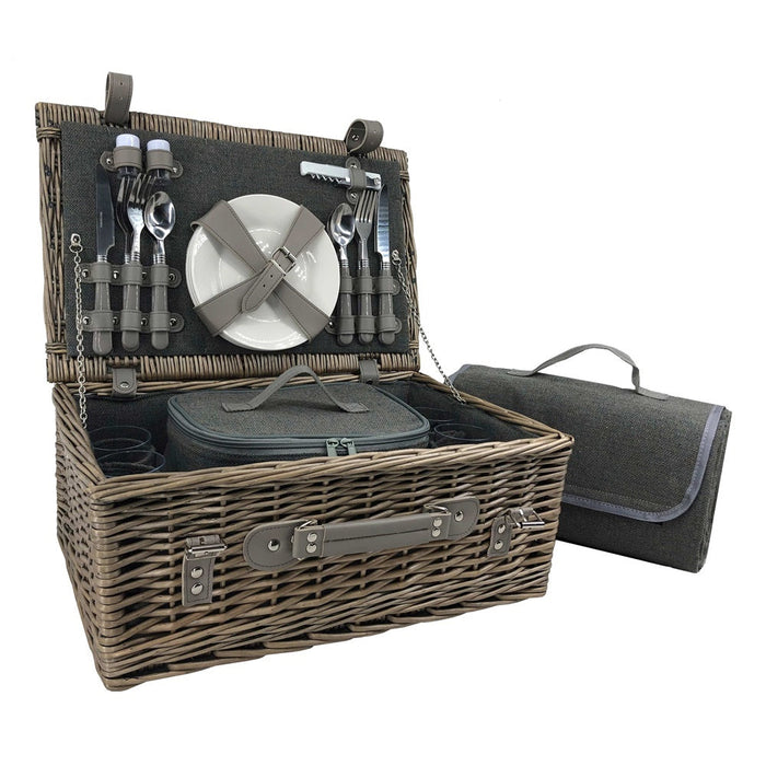 The Willow Basket Grey Tweed Wicker Fitted Picnic Basket