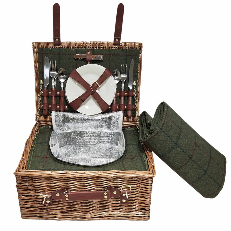 4 Person Green Tweed Classic Fitted Picnic Basket