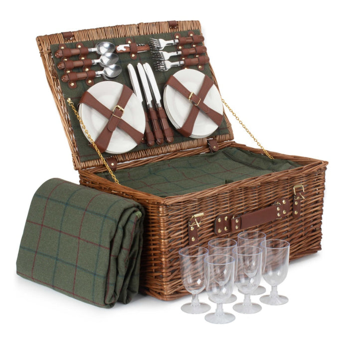6 Person Green Tweed Classic Picnic Basket