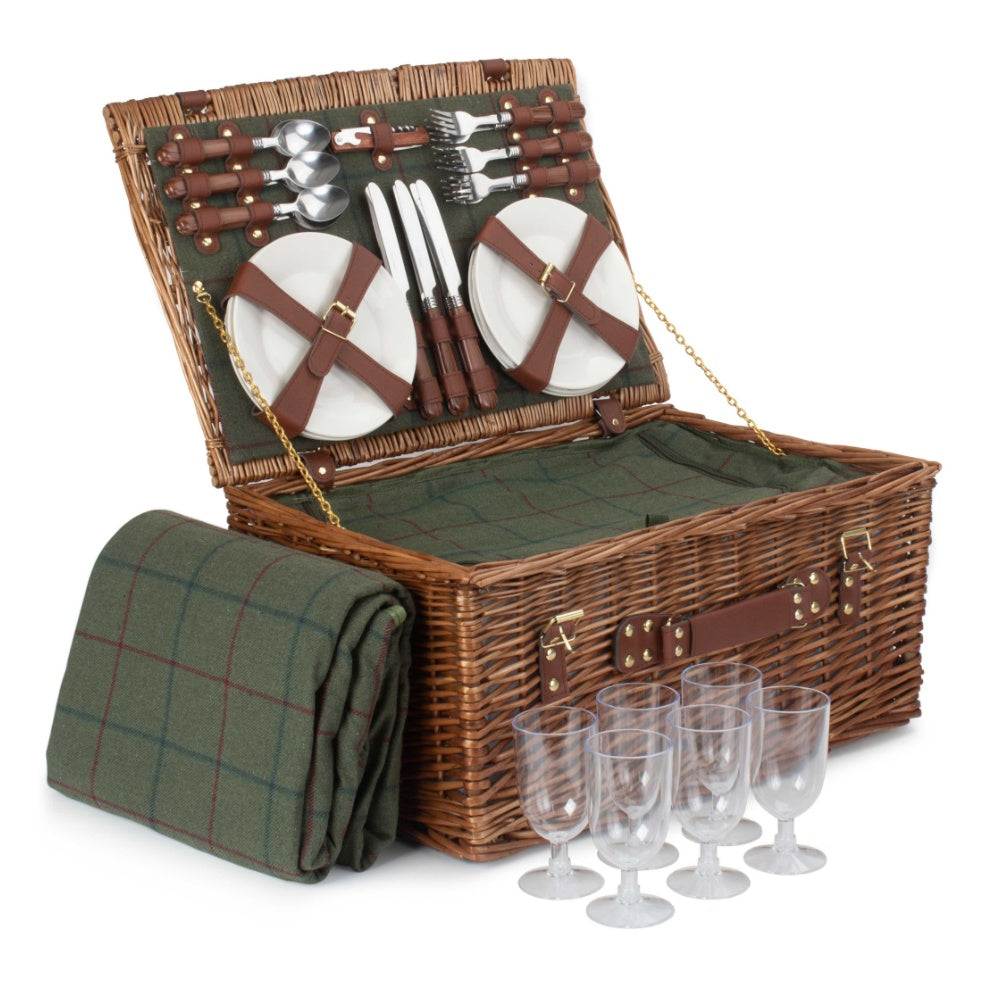 The Willow Basket 6 Person Green Tweed Classic Picnic Basket