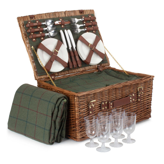 The Willow Basket 6 Person Green Tweed Classic Picnic Basket