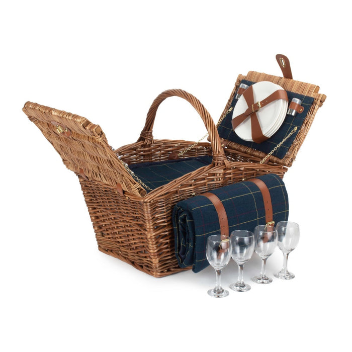 The Willow Basket Elegant 4 Person Blue Tweed Fitted Picnic Basket
