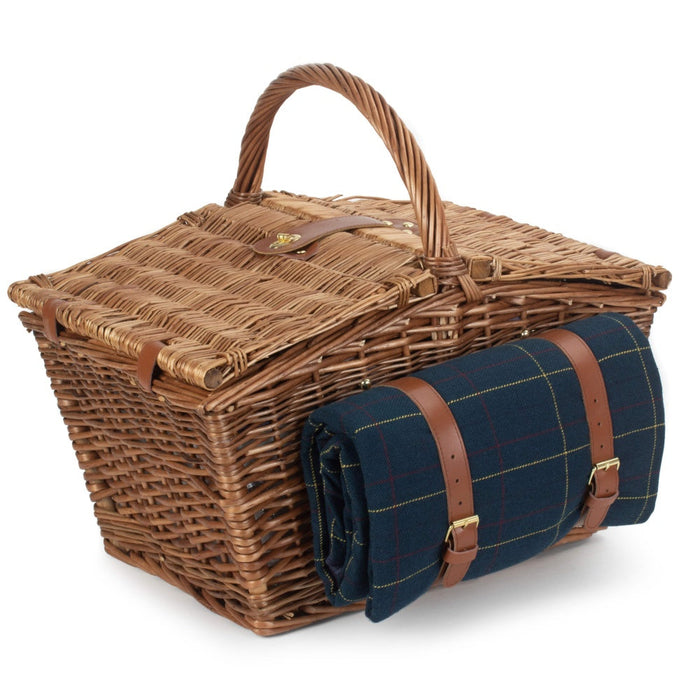 The Willow Basket Elegant 4 Person Blue Tweed Fitted Picnic Basket