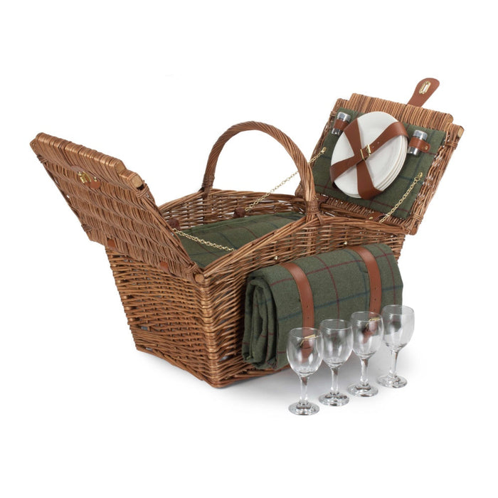 The Willow Basket Elegant 4 Person Green Tweed Fitted Picnic Basket