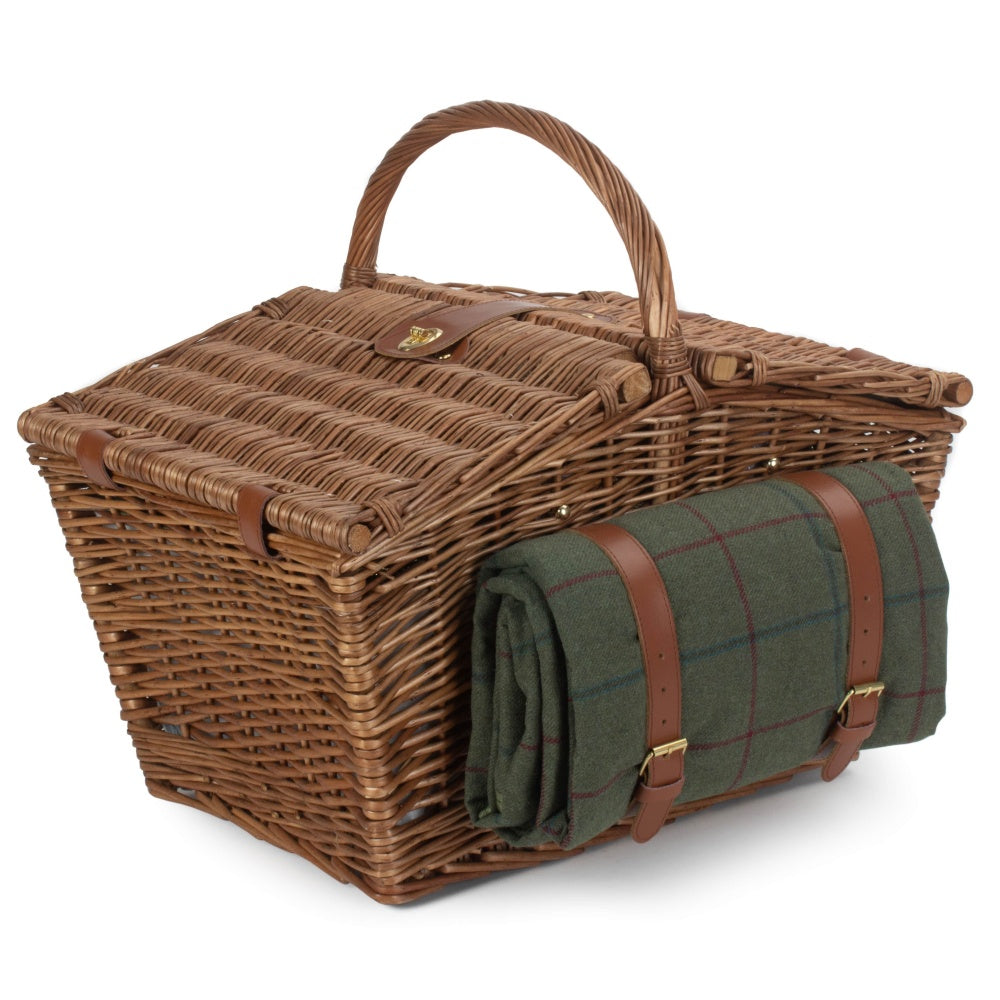 The Willow Basket Elegant 4 Person Green Tweed Fitted Picnic Basket