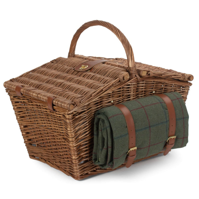 The Willow Basket Elegant 4 Person Green Tweed Fitted Picnic Basket