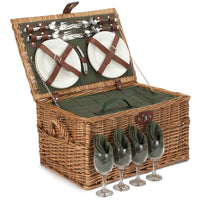 The Willow Basket Four Person Green Tweed Chest Wicker Picnic Basket