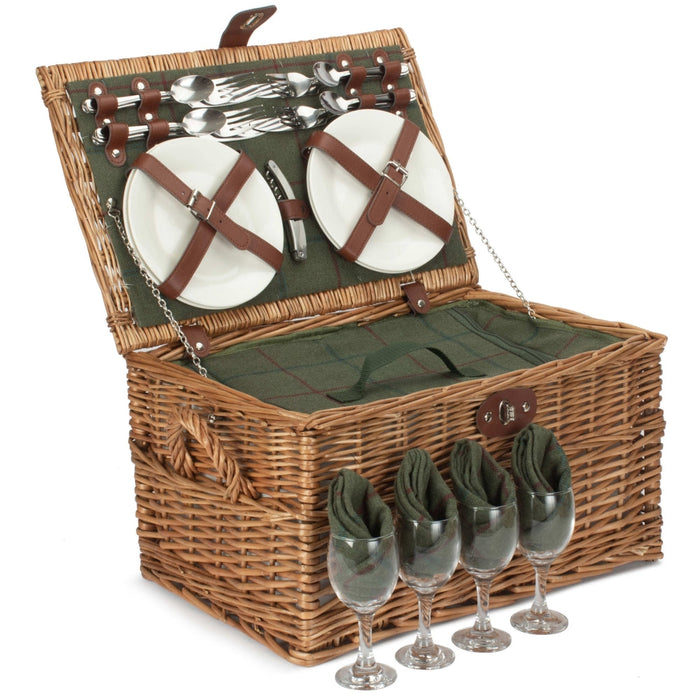 The Willow Basket Four Person Green Tweed Chest Wicker Picnic Basket
