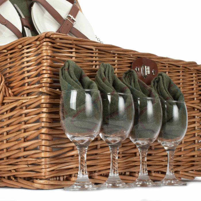 The Willow Basket Four Person Green Tweed Chest Wicker Picnic Basket