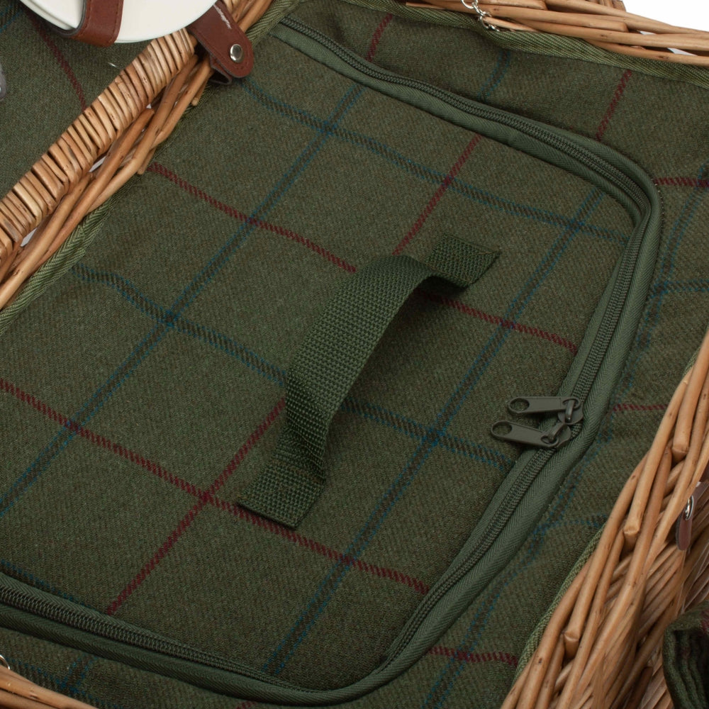 The Willow Basket Four Person Green Tweed Chest Wicker Picnic Basket