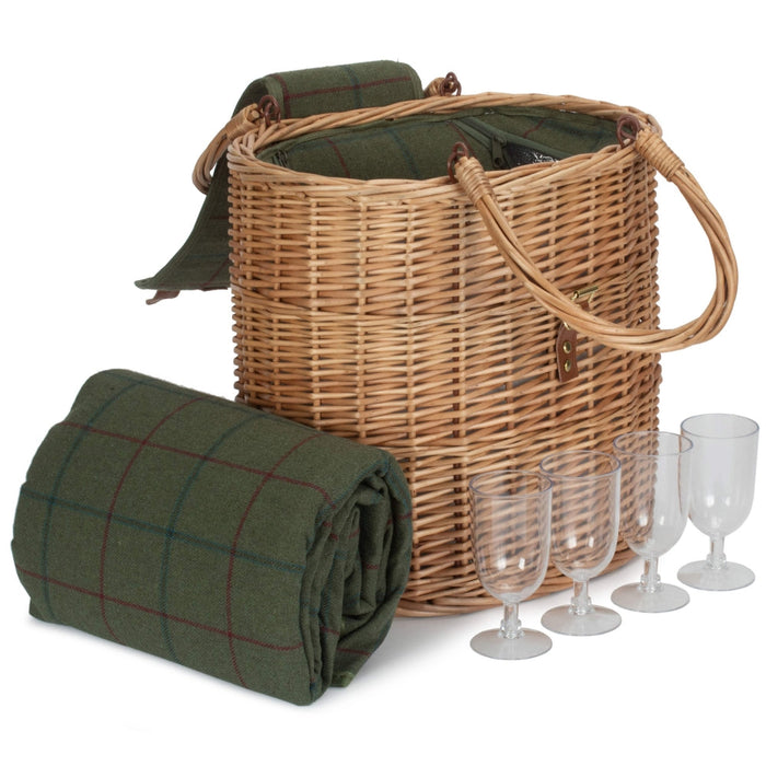 The Willow Basket Oval Green Tweed Fitted Cool Bag Drinks Picnic Basket
