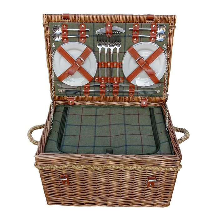 The Willow Basket Burghley 4 Person Green Tweed Fitted Wicker Picnic Basket