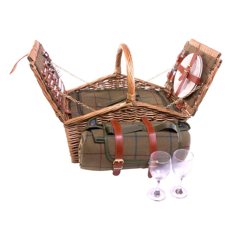 The Willow Basket Double Lidded 2 Person Green Tweed Fitted Picnic Basket