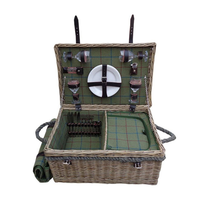The Willow Basket Lancaster Green Tweed Fitted Wicker Picnic Basket with Blanket