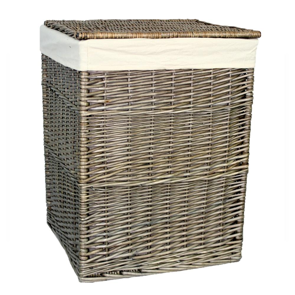 The Willow Basket Antique Wash Square White Cotton Lined Laundry Basket