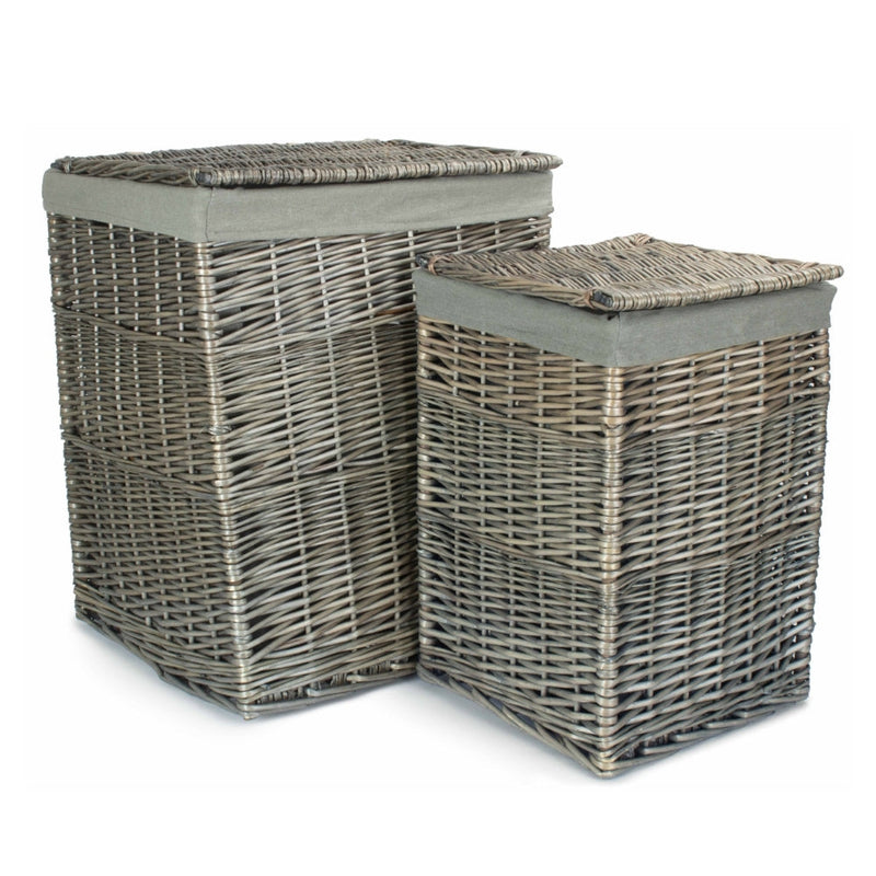 The Willow Basket Antique Wash Square Laundry Basket with Grey Sage Lining
