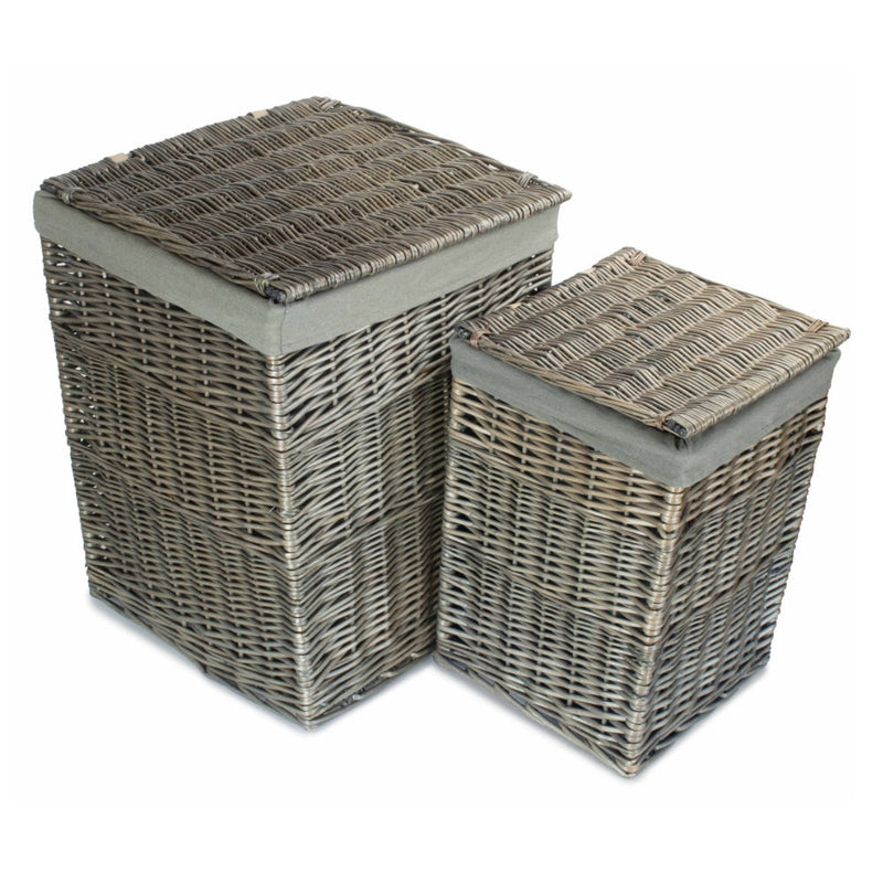 The Willow Basket Antique Wash Square Laundry Basket with Grey Sage Lining