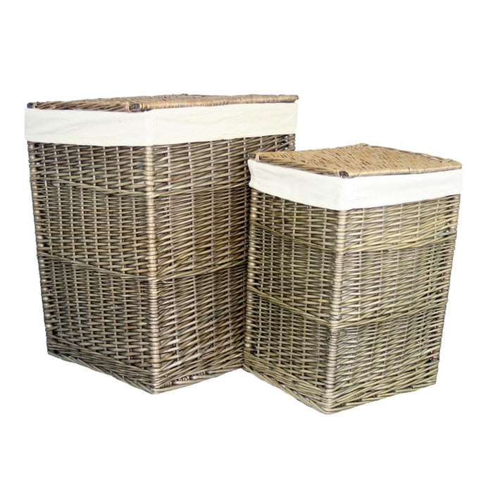 The Willow Basket Antique Wash Square White Cotton Lined Laundry Basket