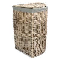 The Willow Basket Antique Wash Corner Linen Basket with Grey Sage Lining
