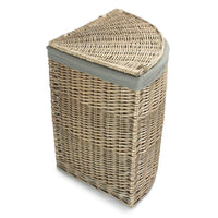 The Willow Basket Antique Wash Corner Linen Basket with Grey Sage Lining