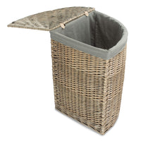 The Willow Basket Antique Wash Corner Linen Basket with Grey Sage Lining