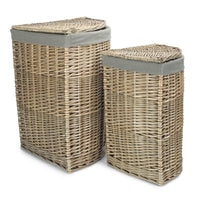 The Willow Basket Antique Wash Corner Linen Basket with Grey Sage Lining