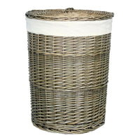 The Willow Basket Antique Wash Round White Cotton Lined Laundry Basket