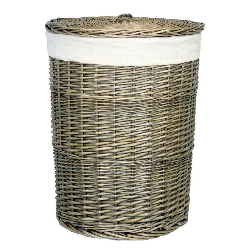The Willow Basket Antique Wash Round White Cotton Lined Laundry Basket
