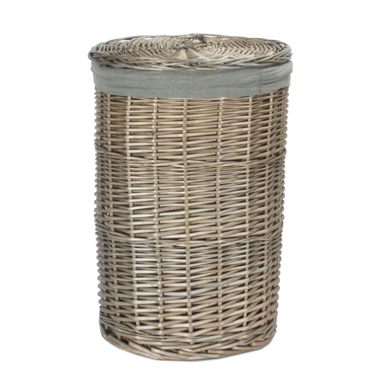 The Willow Basket Antique Wash Round Linen Basket with Grey Sage Lining