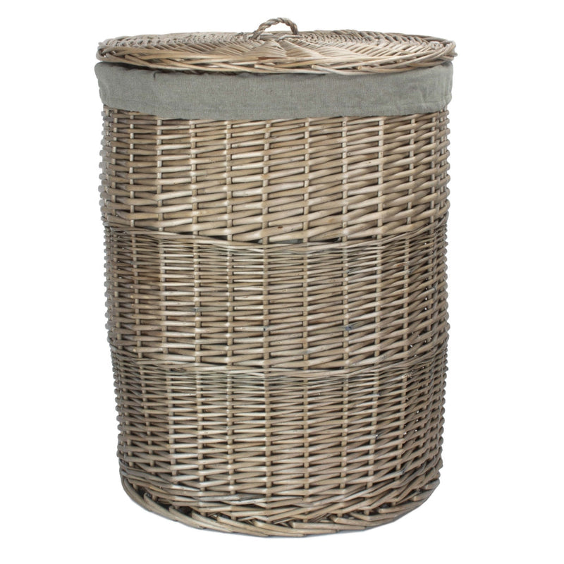 The Willow Basket Antique Wash Round Linen Basket with Grey Sage Lining