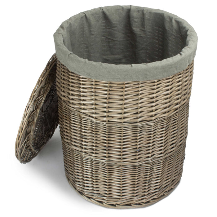 The Willow Basket Antique Wash Round Linen Basket with Grey Sage Lining