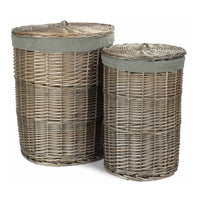 The Willow Basket Antique Wash Round Linen Basket with Grey Sage Lining