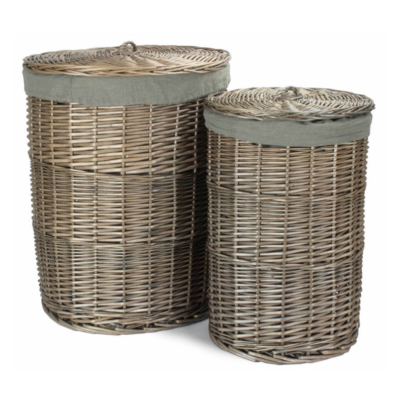 The Willow Basket Antique Wash Round Linen Basket with Grey Sage Lining