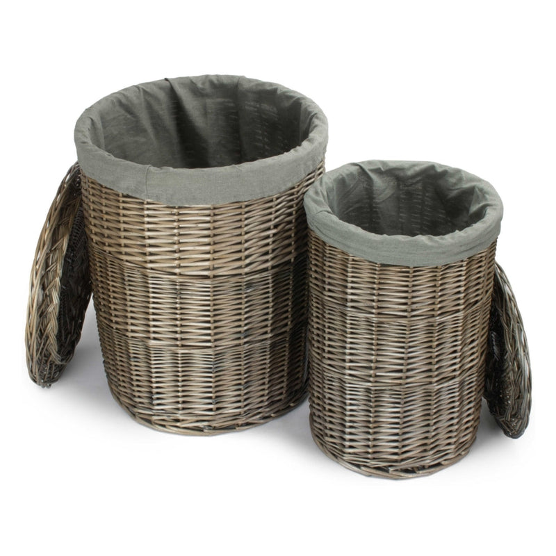 The Willow Basket Antique Wash Round Linen Basket with Grey Sage Lining