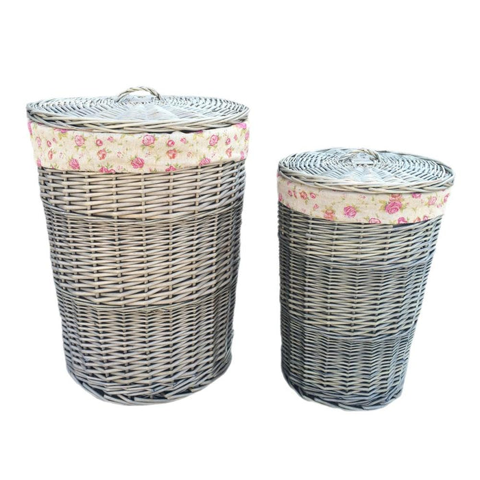 The Willow Basket Antique Wash Round Garden Rose Cotton Lined Laundry Basket