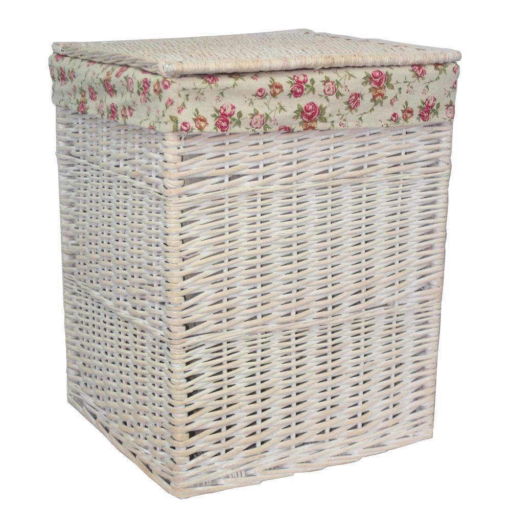 Square White Wash Wicker Laundry Basket Rose Lining