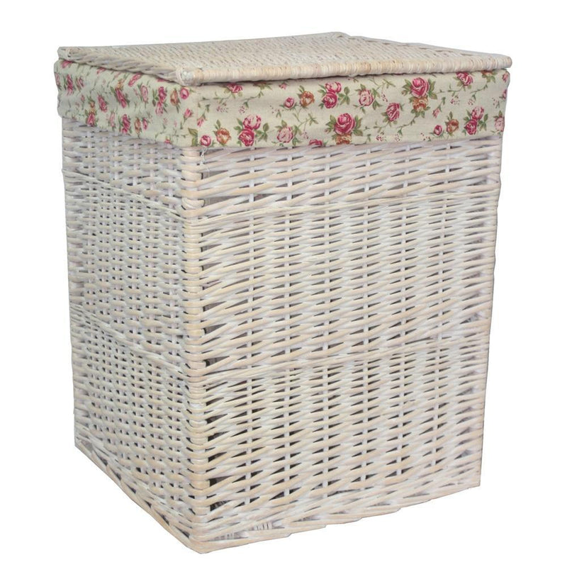 Square White Wash Wicker Laundry Basket Rose Lining