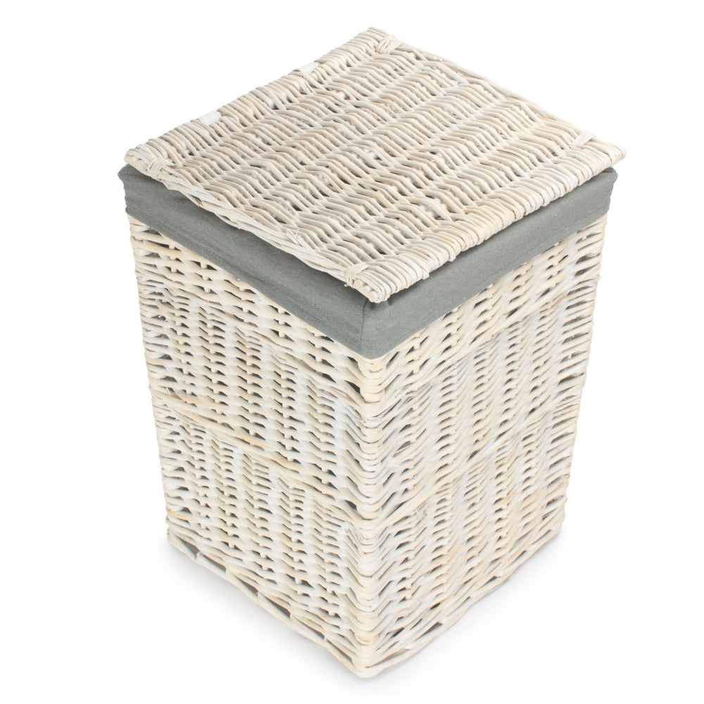 Square White Wash Laundry Hamper with Grey Sage Lining