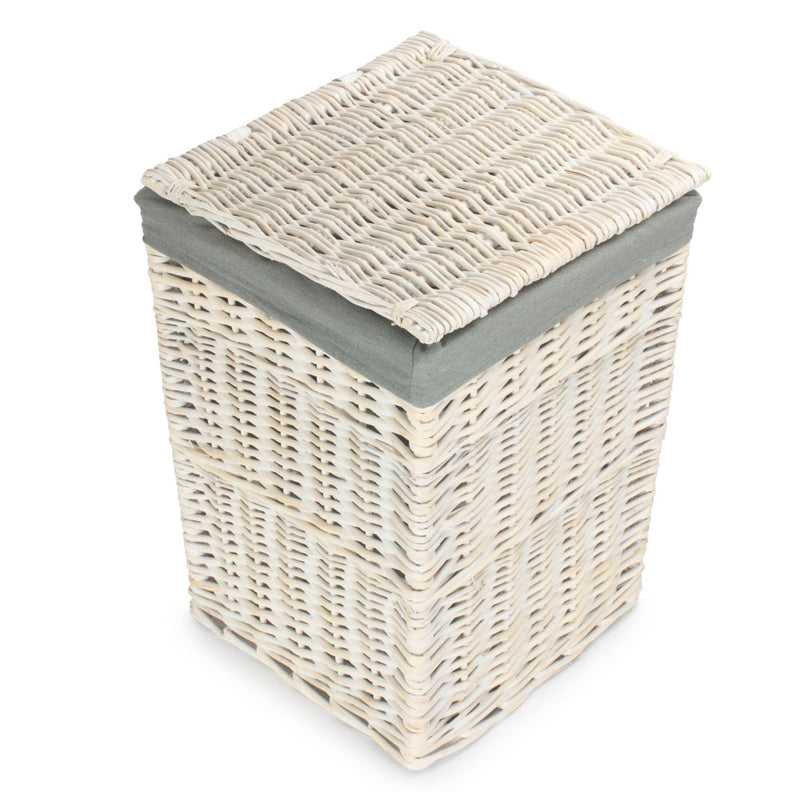 The Willow Basket Square White Wash Laundry Hamper with Grey Sage Lining