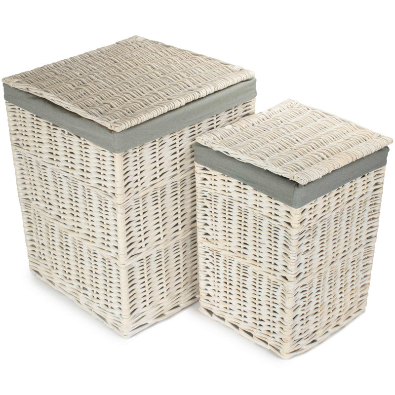 The Willow Basket Square White Wash Laundry Hamper with Grey Sage Lining