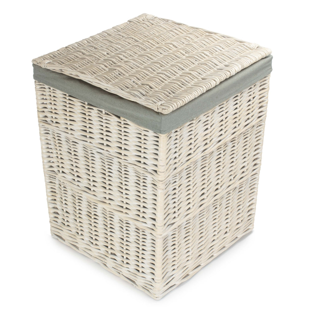 Square White Wash Laundry Hamper with Grey Sage Lining