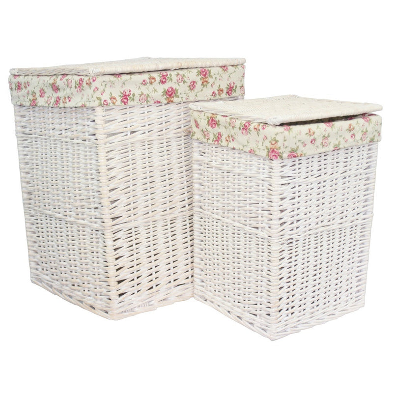Square White Wash Wicker Laundry Basket Rose Lining