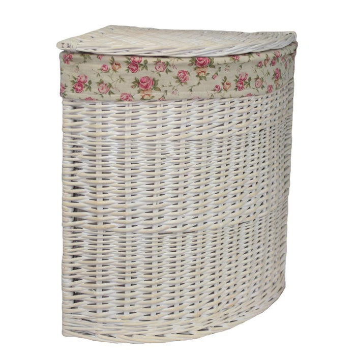 The Willow Basket White Wash Corner Garden Rose Lined Laundry Basket
