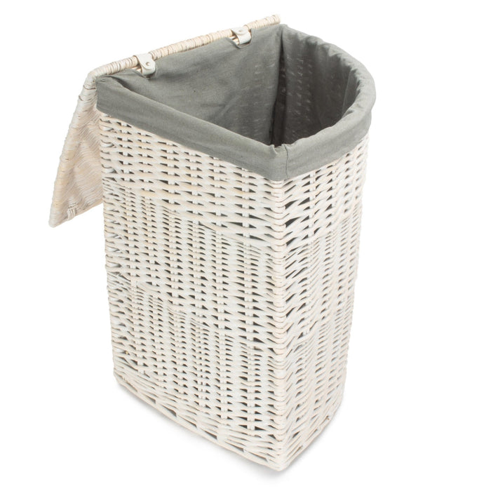 The Willow Basket Corner White Wash Laundry Hamper with Grey Sage Lining