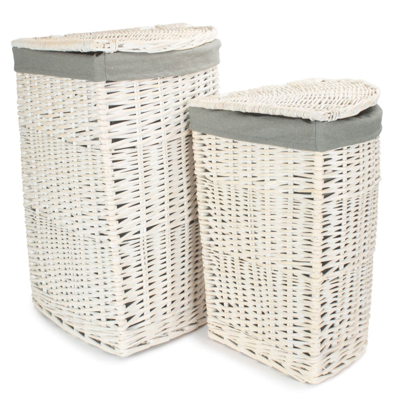 Corner White Wash Laundry Hamper with Grey Sage Lining