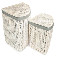 The Willow Basket Corner White Wash Laundry Hamper with Grey Sage Lining